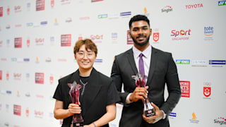 SNOC. Sheik Farhan Sheik Alau’ddin and Feng Tianwei, the 2023 Singaporean Sportsman and Sportswoman of the Year.