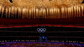 A firework display is seen above the stadium during the Beijing 2022 Winter Olympics Closing Ceremony