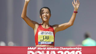 Allyson Felix of the United States reacts after setting a new world record in the 4x400 Metres Mixed Relay during day three of 17th IAAF World Athletics Championships Doha 2019 at Khalifa International Stadium on September 29, 2019 in Doha, Qatar. (Photo by Patrick Smith/Getty Images)