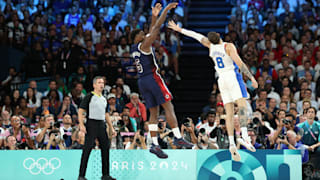 Anthony Edwards #5 of Team United States shoots over Isaia Cordinier #8 of Team France