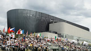 Spectators watching the Fencing bonus round inside the Musashino Forest Sports Plaza