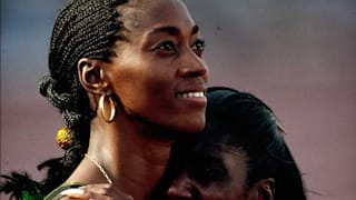 Gwen Torrence of the USA is congratulated by Grace Jackson of Jamaica