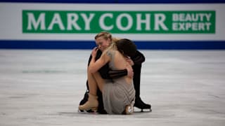 Madison Hubbell and Zachary Donohue react on ice during their free dance