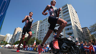 Alistair Brownlee leads brother Jonny during the running leg of the Rio 2016 triathlon