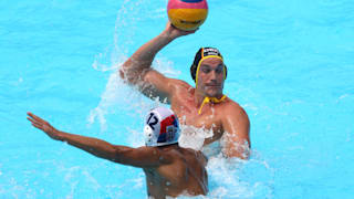 Luuk Gielen #8 of Germany looks for a pass against Starhinja Rasovic #12 of Serbia during the Men's Water Polo Classification 5-8 match on day thirteen of the Gwangju 2019 FINA World Championships at Nambu University on July 25, 2019 in Gwangju, South Korea. (Photo by Clive Rose/Getty Images)