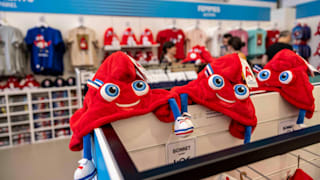 The Olympic mascot, Phryge on display in the Paris 2024 megastore on the Champs Elysees.