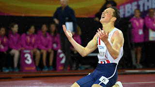 Karsten Warholm celebrates his 400m hurdles gold at the 2017 World Championships in London