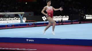 Oksana Chusovitina performing on floor at the 2019 World Championships (Photo: Olympic Channel)