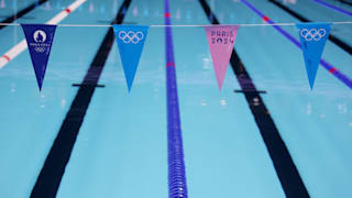 A general view of the backstroke flags at the competition pool in Paris La Defense Arena