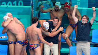 Head coach David Martin Lozano (C) of Spain celebrates with the team bench during the Men's Water Polo Semifinal match against Croatia on day thirteen of the Gwangju 2019 FINA World Championships at Nambu University on July 25, 2019 in Gwangju, South Korea. (Photo by Catherine Ivill/Getty Images)