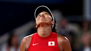 Naomi Osaka of Team Japan plays a reacts against Angelique Kerber of Team Germany Women's Singles First Round mach between Naomi Osaka of Team Japan and Angelique Kerber of Team Germany on day one of the Olympic Games Paris 2024 at Roland Garros on July 27, 2024 in Paris, France. 