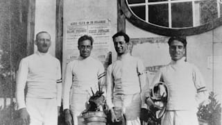 The Italian Fencing team including Aldo Nadi centre left and Nedo Nadi centre right
