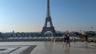 View of Eiffel Tower with Olympic rings from Trocadéro