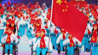 Flag bearers Yujie Guo and Zhidong Wang of Team Chinaduring the Opening Ceremony of the Beijing 2022 Winter Paralympics