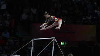 Defending uneven bars world champion Nina Derwael in action at the 2019 World Championships. (Photo: Olympic Channel)