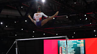 Mélanie de Jesus dos Santos performs on uneven bars at the 2019 World Championships (Photo: Olympic Channel)