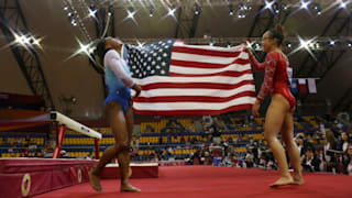 Simone Biles (left) and Morgan Hurd (right) share a laugh after taking gold and bronze in the all-around at the 2018 Worlds