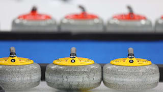 A detail of a curling stone during a curling practice session ahead of the Beijing 2022 Winter Olympics