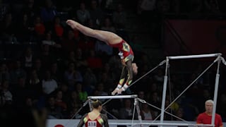 Defending event champion Nina Derwael performing on uneven bars at the 2019 World Championships (Photo: Olympic Channel)