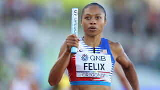 Allyson Felix of Team USA competes in the 4x400m Mixed Relay Final on day one of the World Athletics Championships