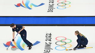 Almida De Val and Oskar Eriksson of Team Sweden compete during the Curling Mixed Doubles Round Robin ahead of the Beijing 2022 Winter Olympics at National Aquatics Centre on February 02, 2022 in Beijing, China. 