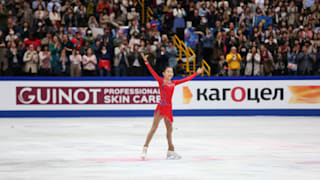 Elizabet Tursynbaeva acknowledges the crowd after her free skate featuring a quad Salchow at the 2019 World Championships in Saitama