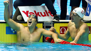 Daiya Seto (L) of Japan and Jeremy Desplanches of Switzerland react after the Men's 200m Individual Medley Final on day five of the Gwangju 2019 FINA World Championships at Nambu International Aquatics Centre on July 25, 2019 in Gwangju, South Korea. (Photo by Clive Rose/Getty Images)