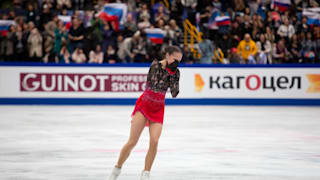Alina Zagitova reacts after her gold medal free skate at the World Championships