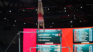 Oksana Chusovitina performing on uneven bars at the 2019 World Championships (Photo: Olympic Channel)