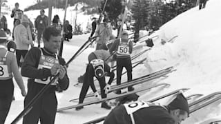 General view of ski jumpers waxing their skis between events