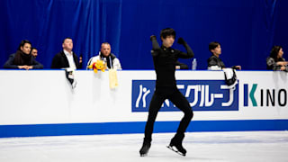 Yuzuru Hanyu on the ice in practice on Wednesday