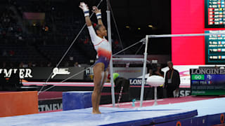 Mélanie de Jesus dos Santos performs on uneven bars at the 2019 World Championships (Photo: Olympic Channel)