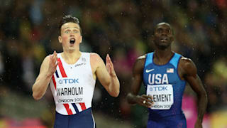 Karsten Warholm reacts to winning the 400m hurdles at the 2017 World Championships in London