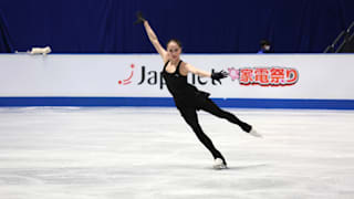 Alina Zagitova on ice during her first practice skate in Saitama.