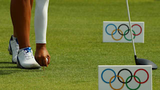 Mariajo Uribe of Colombia tees up her ball on the ninth hole during the Women's Golf Final on Day 15 of the Rio 2016 Olympic Games.