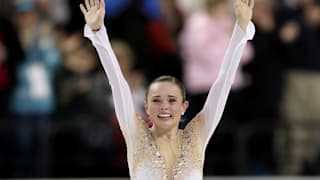 Mariah Bell reacts after skating in the Ladies Free skate during the 2020 U.S. Figure Skating Championships at Greensboro Coliseum 