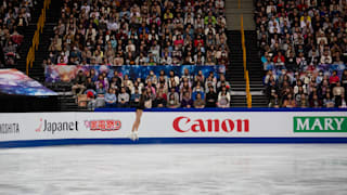 Evgenia Medvedeva jumps during her free skate at the World Championships