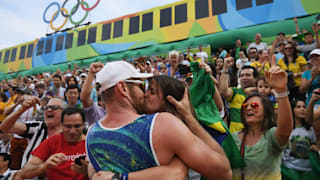 Alison Cerutti #1 of Brazil celebrates match point during the Men's Beach Volleyball Quarterfinal match between the United States and Brazil on Day 10 of the Rio 2016 Olympic Games.