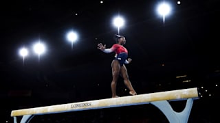 Simone Biles on the balance beam in the women's team final at the 2019 World Artistic Gymnastics Championships