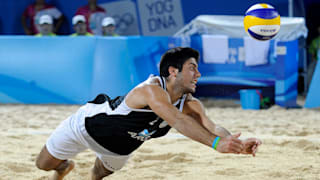 Santiago Karim Aulisi of Argentina competes in the Men's bronze medal match of Beach Volleyball