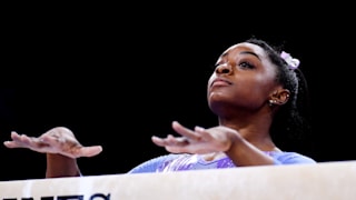 Simone Biles prepares to start her routine in the balance beam final at the 2019 World Artistic Gymnastics Championships