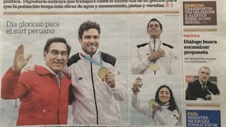 Peru's president Martin Vizcarra with gold medal winner Benoit 'Piccolo' Clemente: 'Glorious day for Peruvian surfing' is the caption. That's under the news that the president call early elections to 'give the people a chance to choose new authorities'.