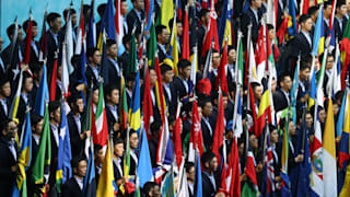 Participating country flags are paraded during the Opening Ceremony on day one of the Gwangju 2019 FINA World Championships on July 12, 2019 in Gwangju, South Korea. (Photo by Clive Rose/Getty Images)