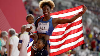 Nia Ali of the United States celebrates winning gold in the Women's 100 metres hurdles final during day ten of 17th IAAF World Athletics Championships Doha 2019 at Khalifa International Stadium on October 06, 2019 in Doha, Qatar. (Photo by Maja Hitij/Getty Images)