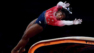 Simone Biles on the vault in the women's team final at the 2019 World Artistic Gymnastics Championships