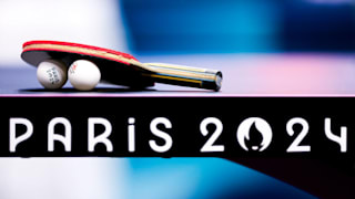 A racket and ball is pictured during a table tennis training session at South Paris Arena
