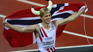 Karsten Warholm celebrates his 400m hurdles gold at the 2017 World Championships in London