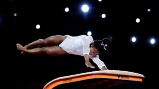 Simone Biles on the vault in the all-around at the 2019 World Artistic Gymnastics Championships