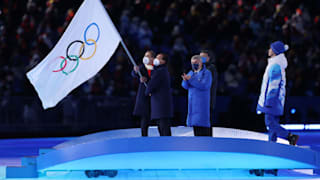 Guiseppe Sala, Mayor of Milano and Gianpetro Ghedina, Mayor of Cortina d' Ampezzo wave the Olympic flag