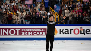Nathan Chen reacts after his free skate